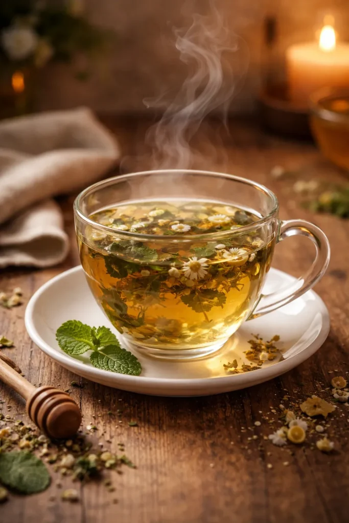 Steaming cup of herbal tea on a saucer with warm lighting.