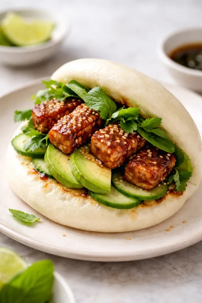 8 Bao Bun Recipes Steamed and Stuffed 5 Tempeh and avocado bao cross-section with fresh greens