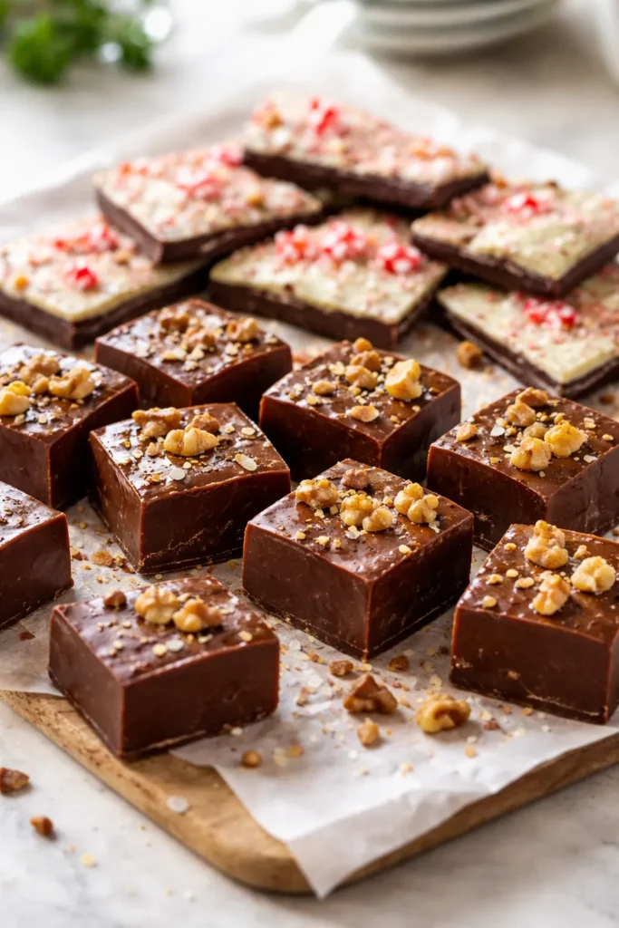 12 Fun Family Night Desserts to Make Together 9 Assorted homemade fudge and peppermint bark pieces on parchment