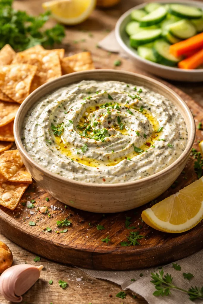 Close-up of homemade creamy dip in a rustic bowl