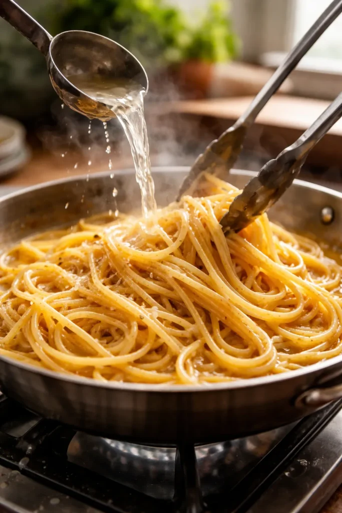 12 Easy Pasta Dinners Better Than Takeout 1 Close-up of glossy homemade pasta tossed in pan with emulsified sauce and pasta water