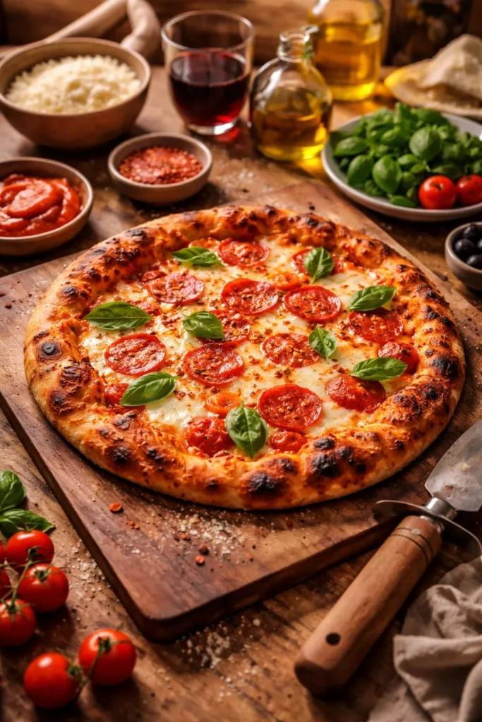12 Easy Weekend Dinners for a Chill Night 6 Pizza with blistered crust and melted cheese on a wooden board