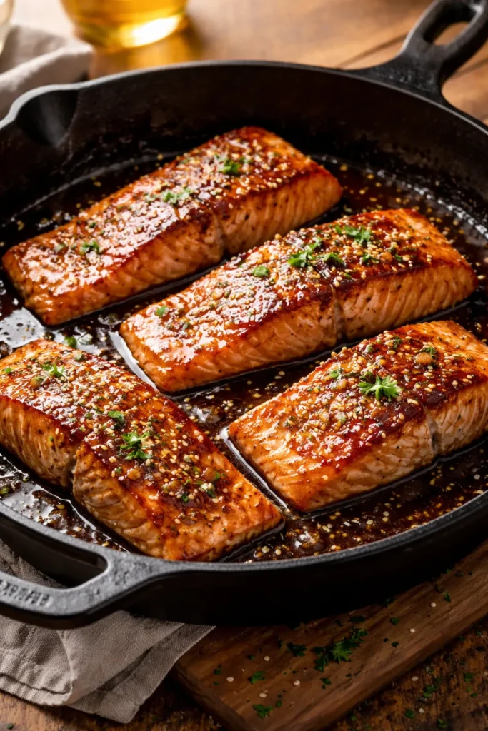 8 Paleo Dinners That Don't Taste Boring 5 Salmon with honey-garlic glaze in cast iron skillet
