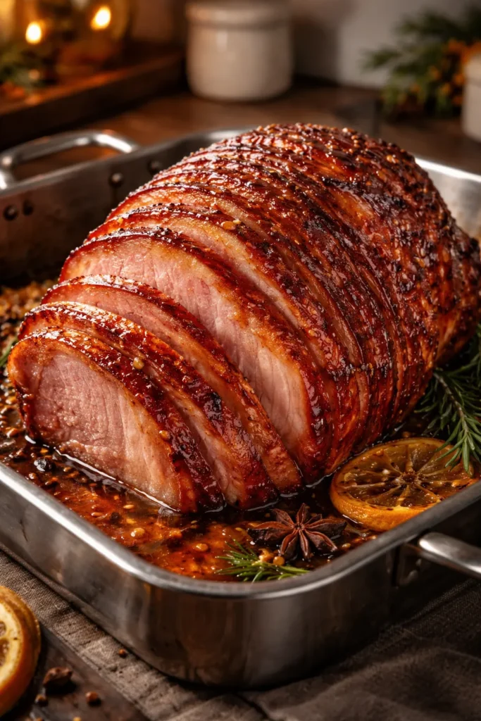 Glazed spiral ham with shiny honey glaze on roasting pan