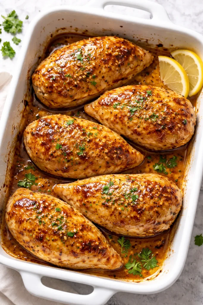 Golden honey mustard glaze on baked chicken