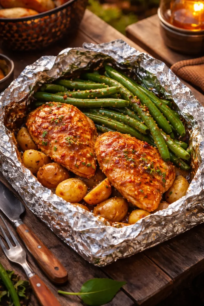 Opened foil packet with chicken, potatoes and green beans in honey mustard glaze