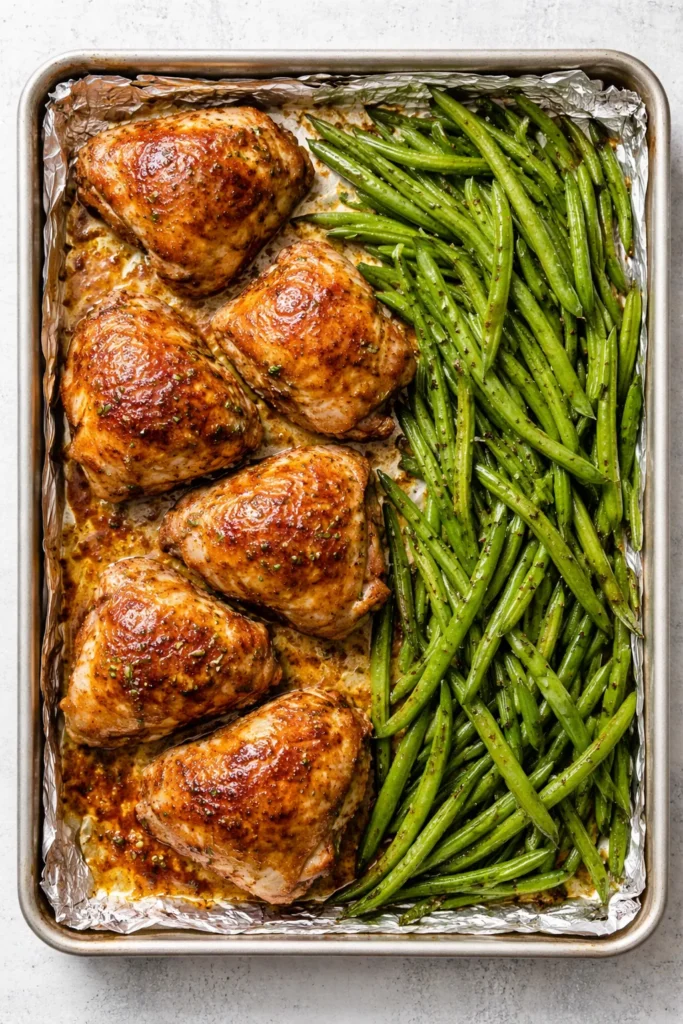 10 Sheet Pan Dinners With Almost No Cleanup 3 Glazed honey mustard chicken thighs with green beans on a sheet pan
