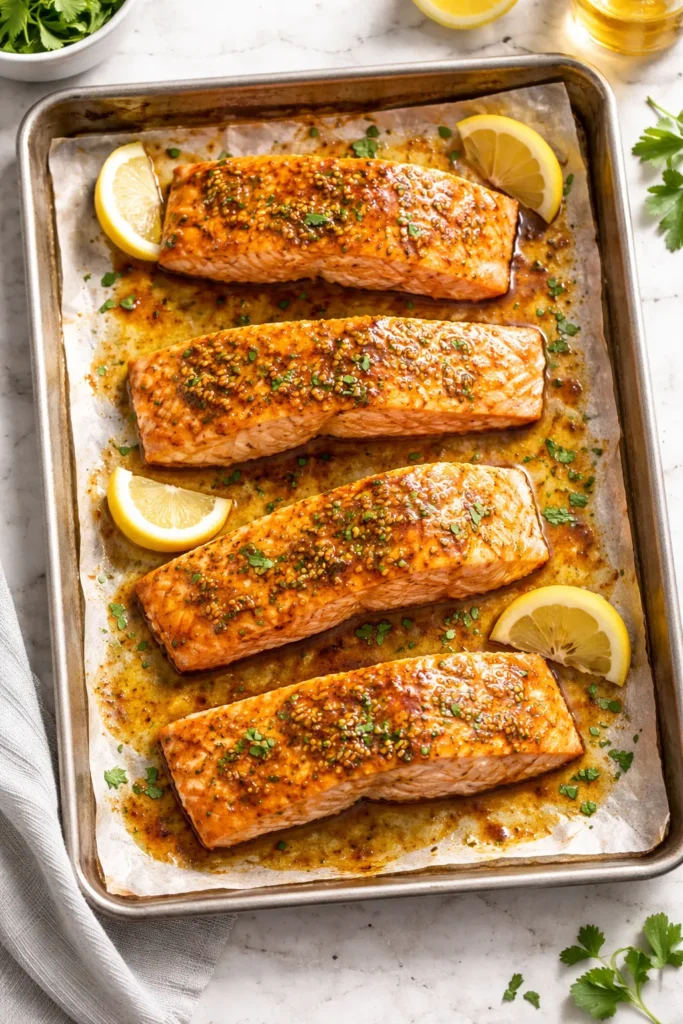 Salmon fillets with honey mustard glaze on sheet pan