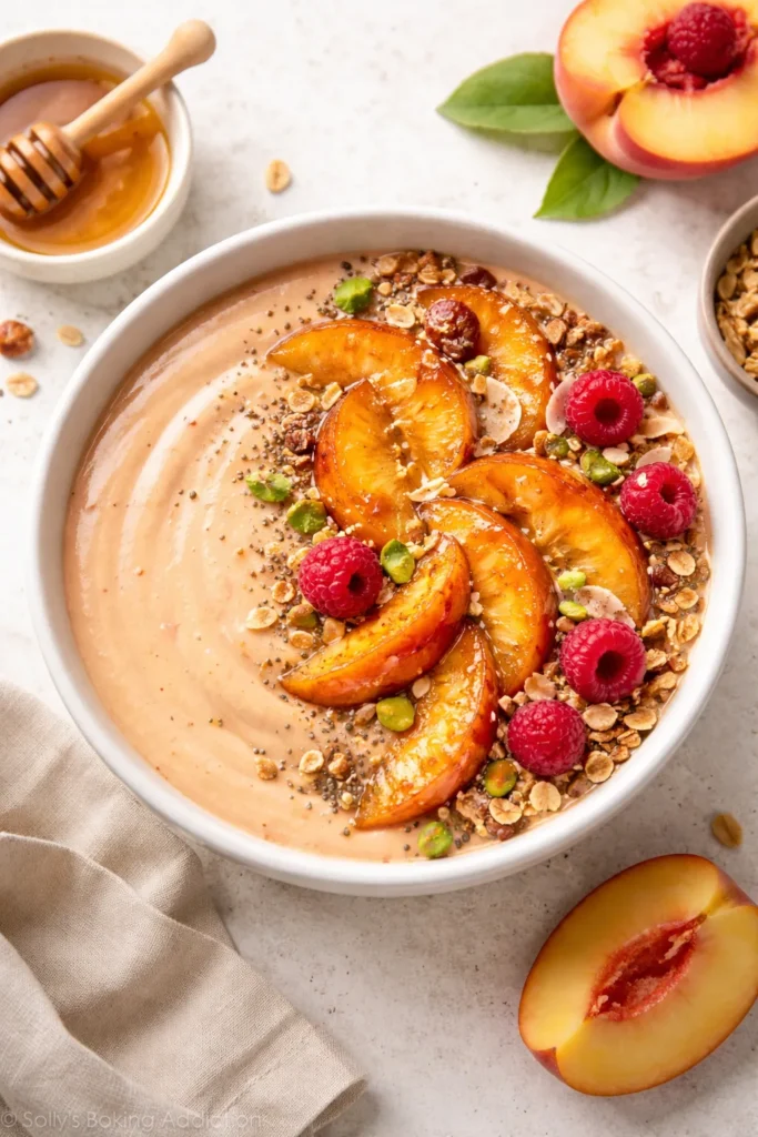 Vibrant smoothie bowl with honey-roasted peaches on top