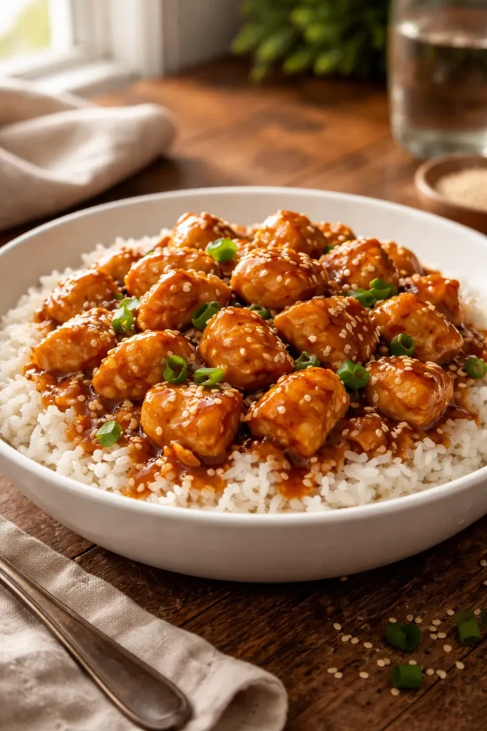 Close-up of tender chicken in honey sesame sauce over rice in a white bowl.