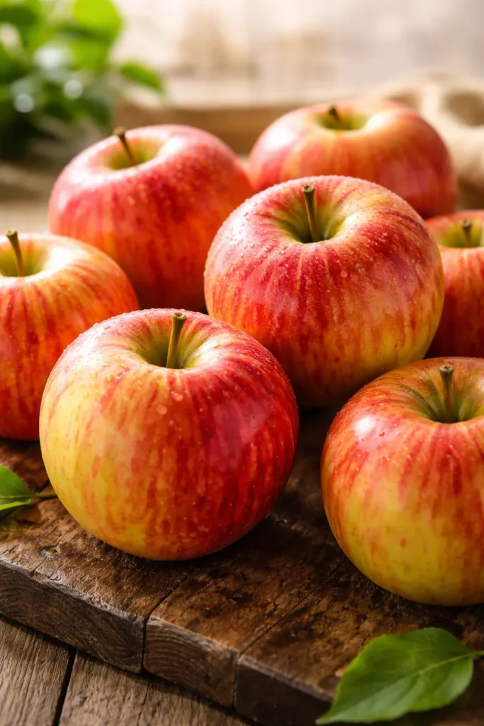 Close-up of fresh Honeycrisp apples with red and yellow skin on a wooden surface