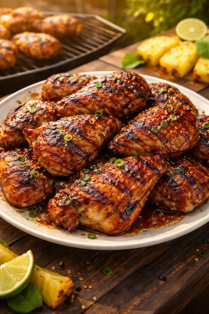 Glazed Huli Huli chicken with caramelized edges on plate