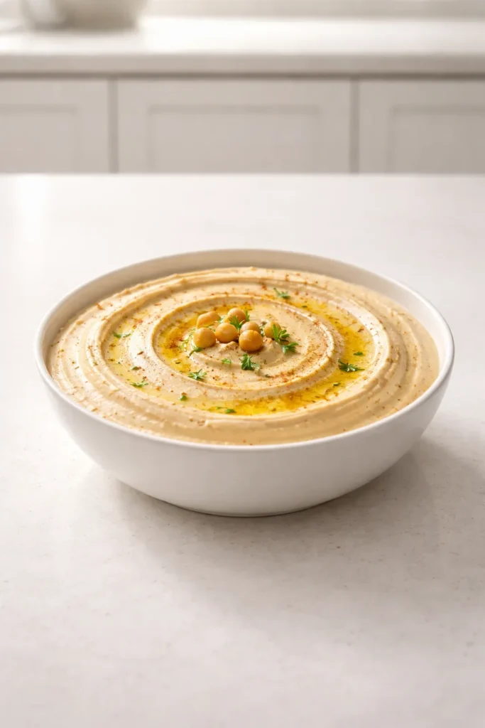 Creamy smooth hummus in a bowl symbolizing final technique and taste