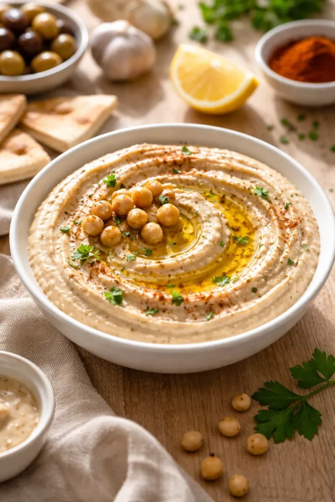 10 Middle Eastern Recipes Easy to Make at Home 1 Creamy hummus in a white bowl with olive oil on a wooden surface