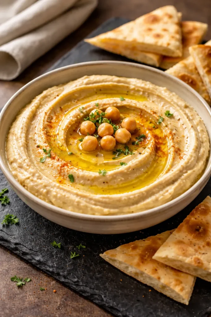 8 Easy Dip Recipes for Parties and Snacking 8 Silky hummus in a bowl with olive oil drizzle and pita slices