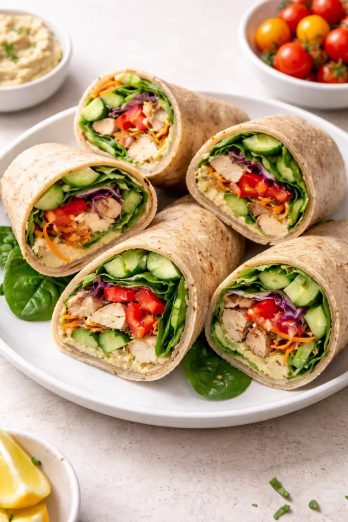 10 Easy Dinners for When You're Too Tired 9 Wrap halfs filled with hummus and colorful vegetables