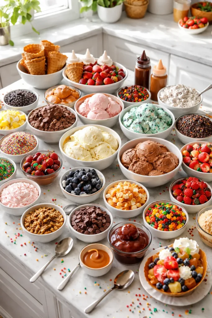 12 Fun Family Night Desserts to Make Together 12 Assorted ice cream sundaes with toppings on a bright kitchen counter
