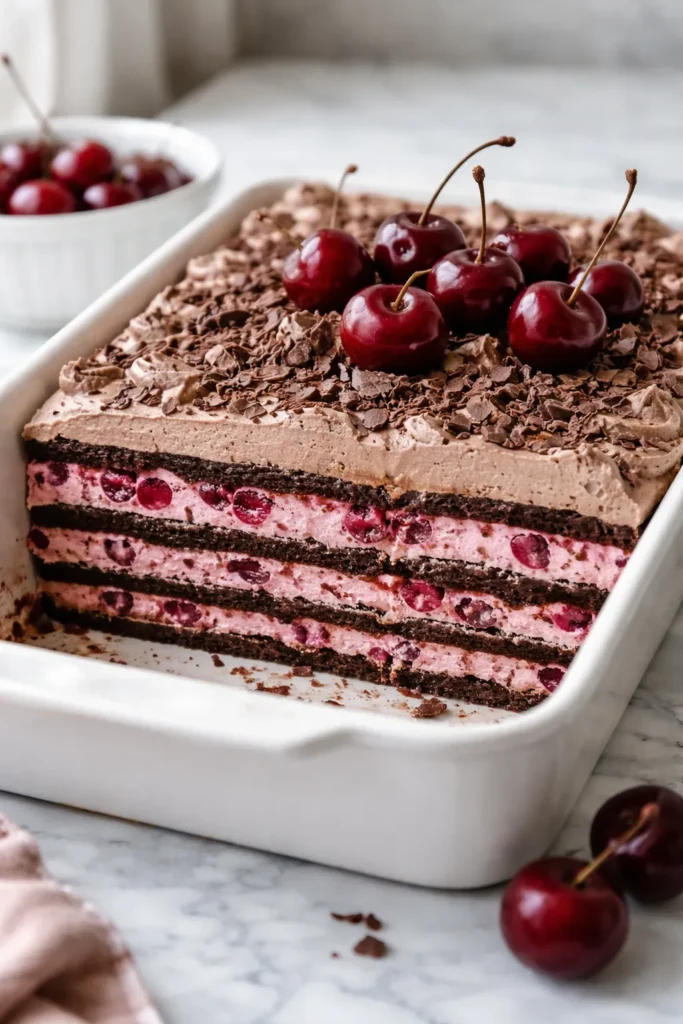 10 Easy Chocolate Cherry Desserts for Cravings 9 Slice of Chocolate-Cherry Icebox Cake showing wafer layers with cherry cream