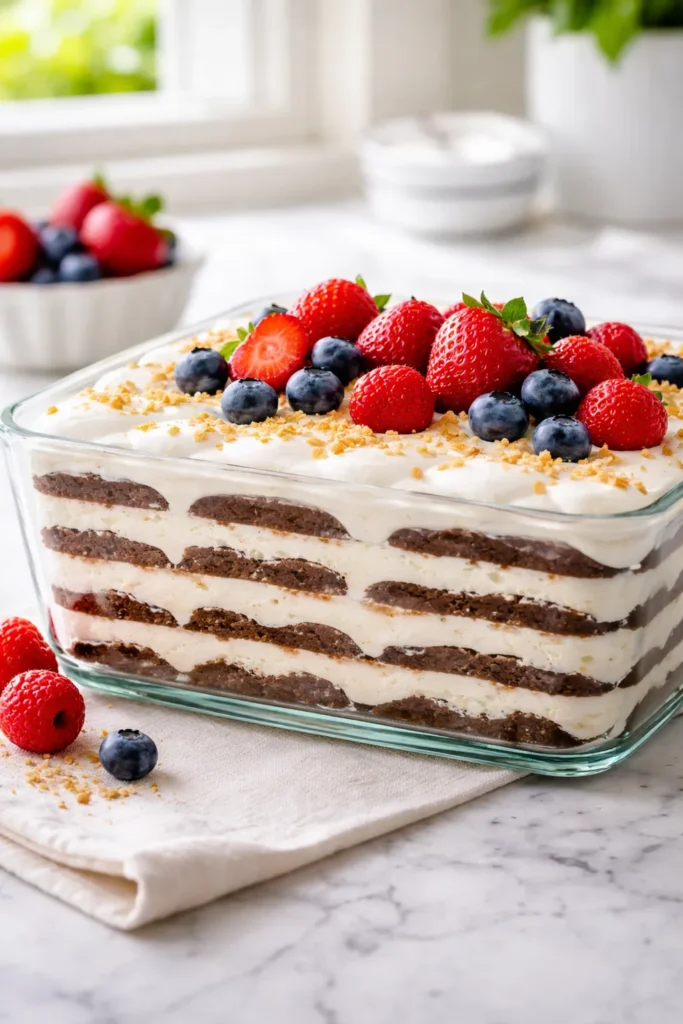 15 Crowd-Pleasing Desserts for Summer BBQs 14 Layered no-bake icebox cake in a glass dish with visible cookie and cream layers