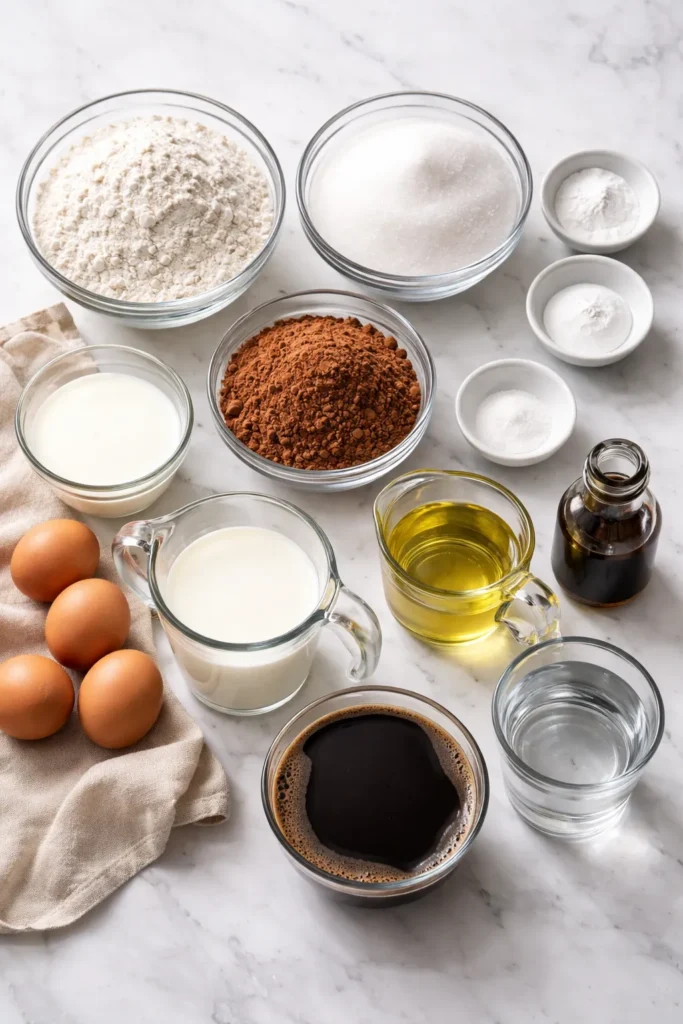 The Only Chocolate Cake Recipe You Need 5 Top-down view of measured dry ingredients for chocolate cake