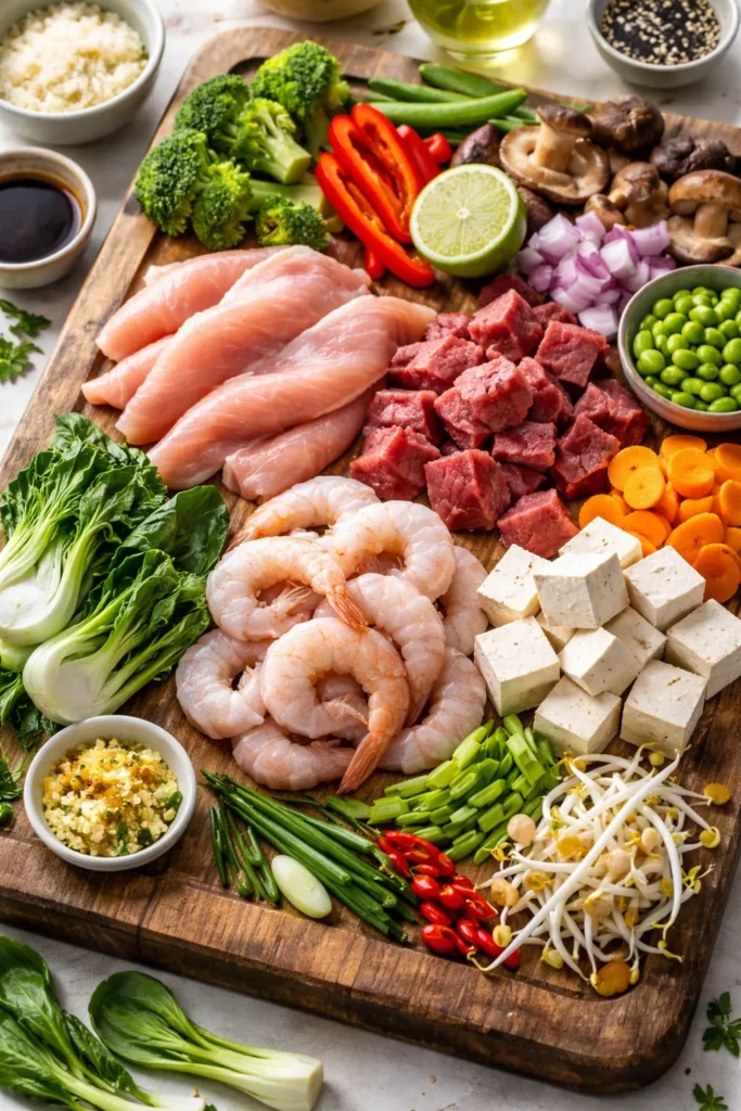 Close-up of raw proteins and vegetables neatly arranged on a cutting board to show interchangeable ingredients for Asian dishes