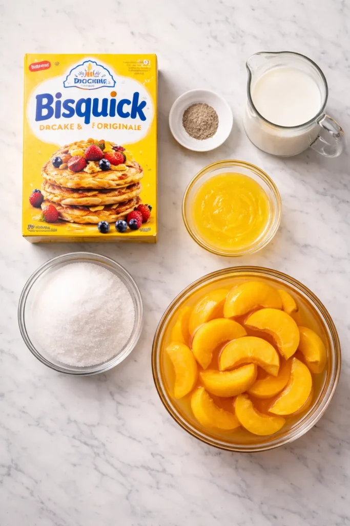 5-Minute Bisquick Cobbler With Canned Peaches 7 Top-down montage of cobbler ingredients including Bisquick, milk, nutmeg, butter, sugar, and peaches
