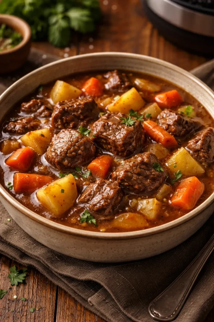 Close-up of hearty Instant Pot Beef Stew with beef, potatoes, and carrots in glossy gravy