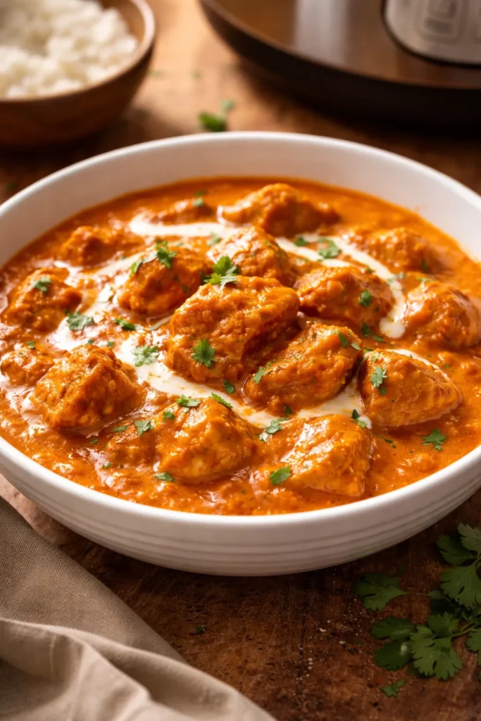 Creamy Instant Pot Butter Chicken in a glossy orange sauce with tender chicken pieces