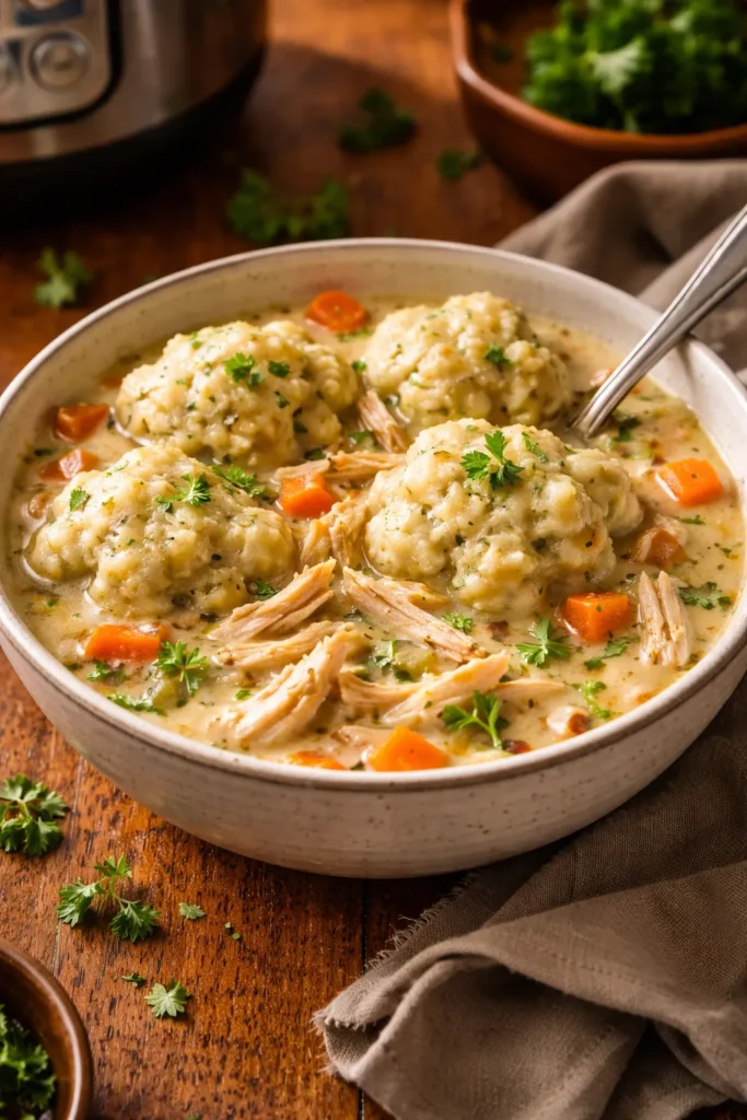 Close-up of Instant Pot Chicken and Dumplings with dumplings and shredded chicken in thick broth