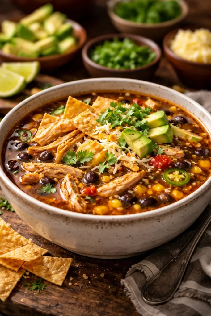 Steaming bowl of Instant Pot Chicken Tortilla Soup with chicken, beans, and corn