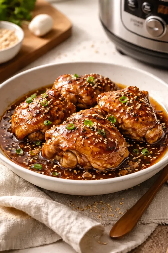Glossy Honey Garlic Chicken thighs in a rich sauce from the Instant Pot