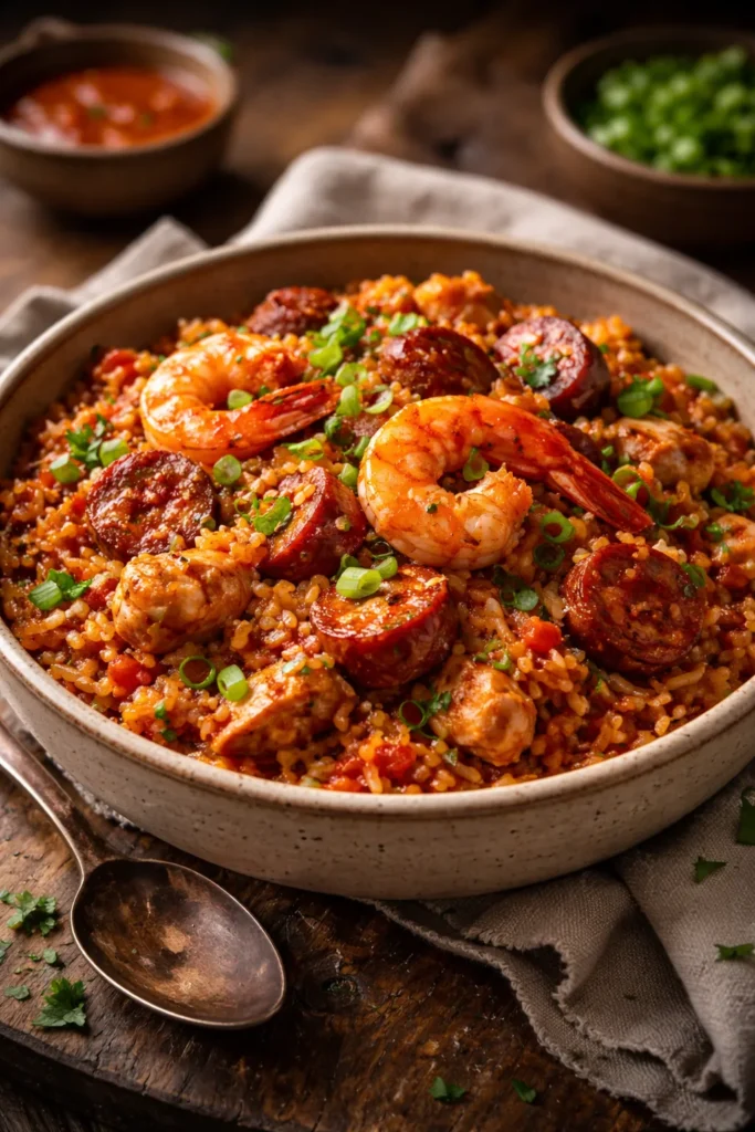Vibrant Instant Pot Jambalaya with sausage, chicken, and shrimp in red rice broth
