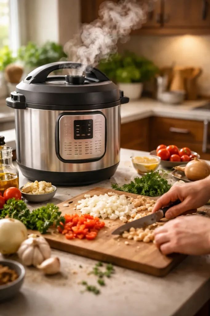 Instant Pot speed prep scene with aromatics and steam for faster weeknight meals