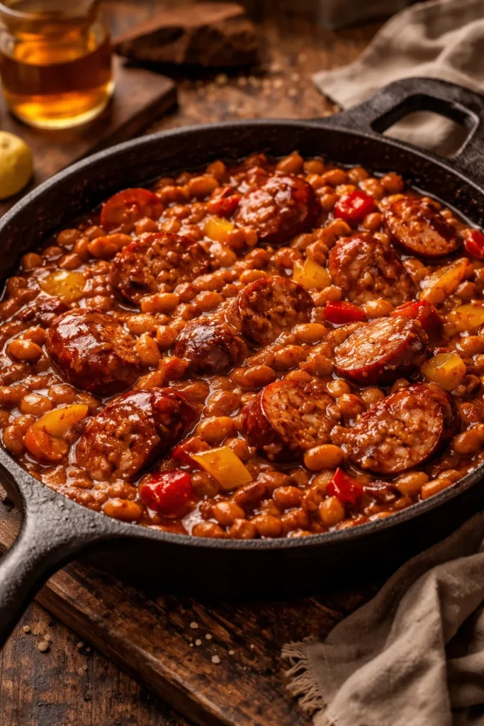 8 Baked Bean Recipes for Summer BBQs 4 Close-up of Ultimate Easy BBQ Baked Beans with Italian sausage.