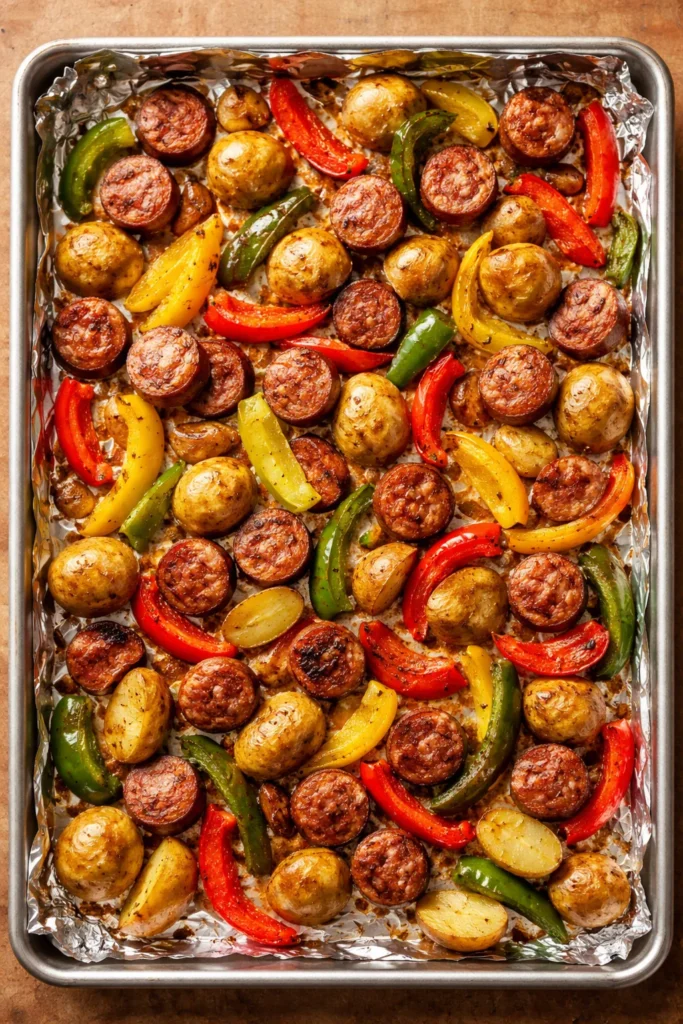 10 Sheet Pan Dinners With Almost No Cleanup 4 Italian sausage coins with potatoes and peppers on a sheet pan