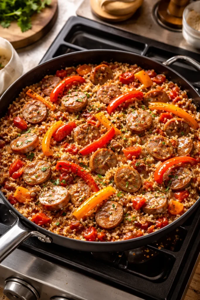 Close-up of smoky sausage, peppers and rice cooking in a skillet
