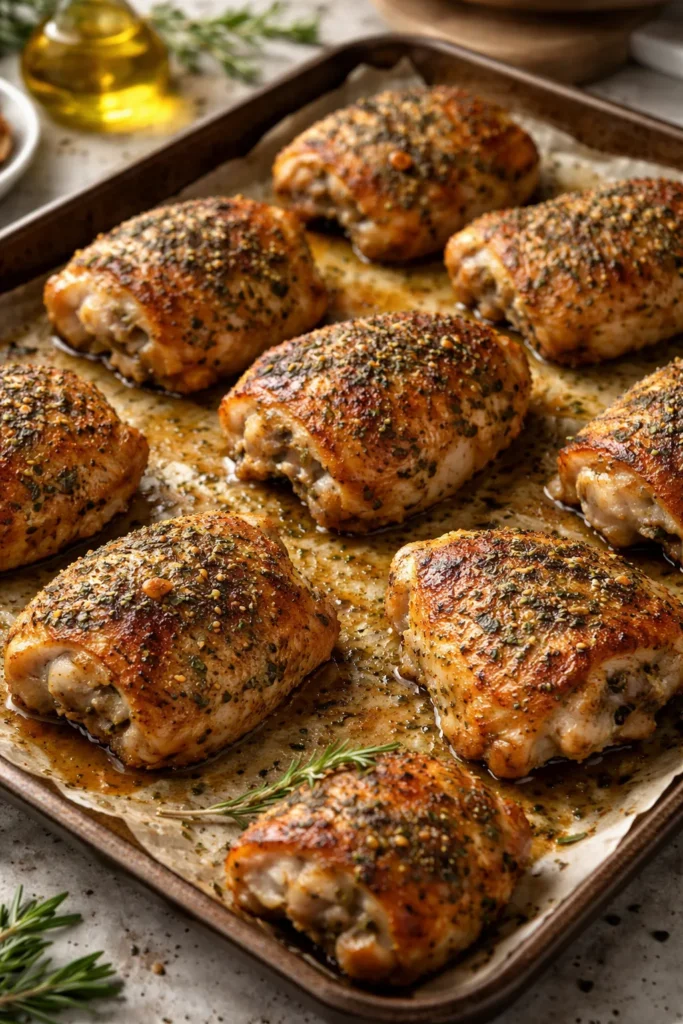 Italian-seasoned baked chicken thighs on parchment with herbs.