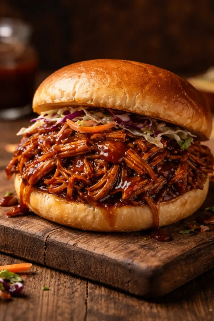 Close-up of pulled jackfruit BBQ sandwich on a bun with smoky sauce.