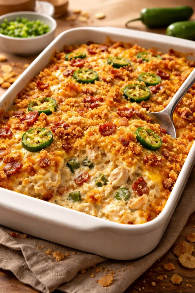 10 Cheesy Chicken Casseroles Worth the Mess 8 Creamy jalapeño popper chicken casserole topped with cheddar and bacon in a baking dish