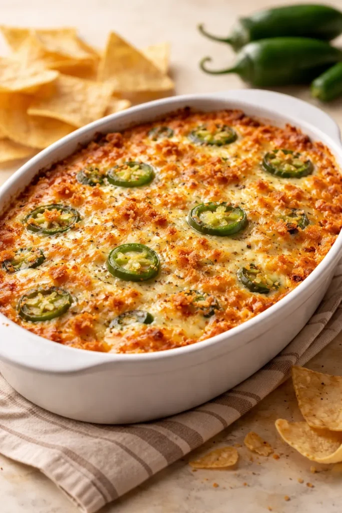 8 Easy Dip Recipes for Parties and Snacking 5 Bubbling jalapeño popper dip with cheese and jalapeños visible