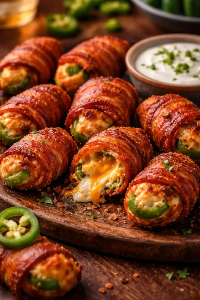8 Game Night Snacks Everyone Fights Over 1 Close-up of jalapeño popper bites with bacon shell and melted cheese.
