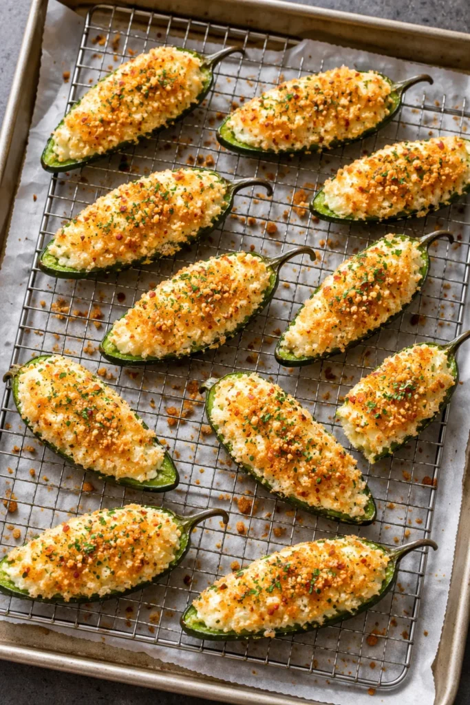 Jalapeño poppers with cheesy filling and crispy breadcrumbs