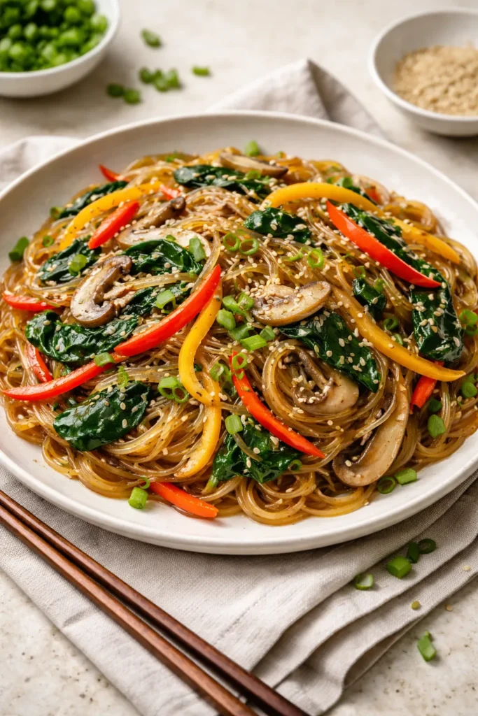 12 Easy Korean Recipes for Weeknight Dinners 4 Japchae glass noodles with colorful vegetables on a plate