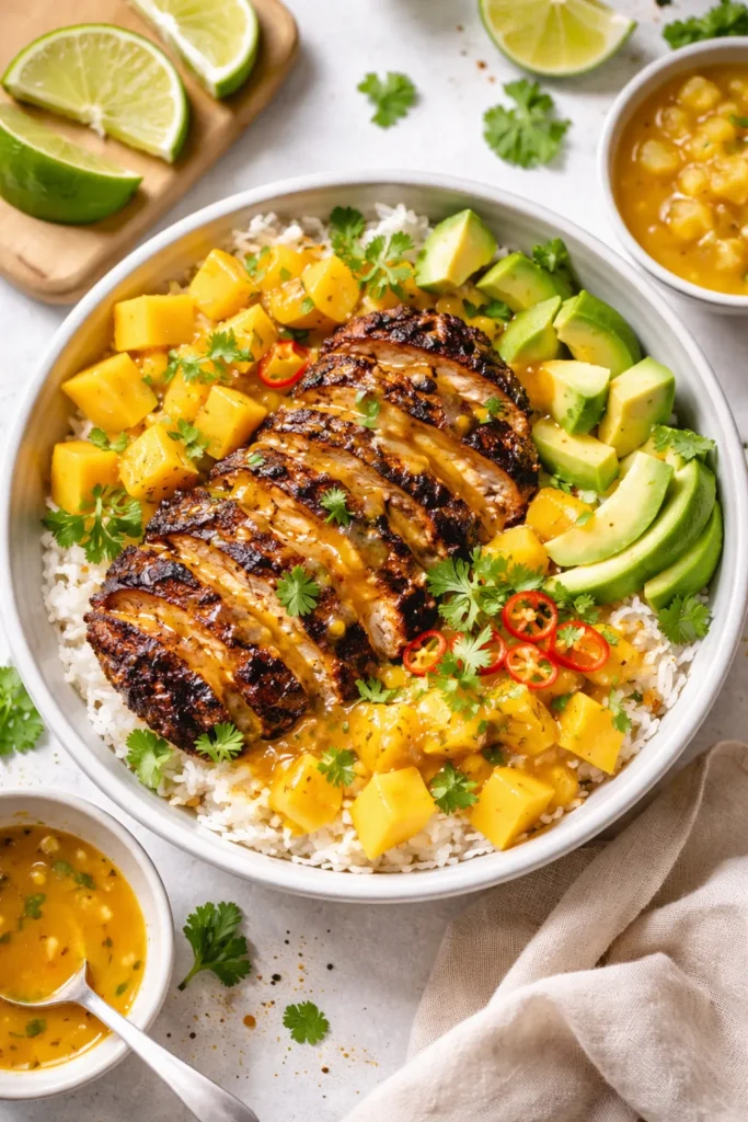 Bowl of jerk chicken with coconut rice, mango, and pineapple sauce