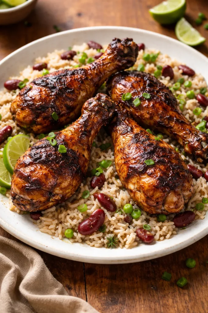 Close-up of jerk chicken drumsticks with coconut rice and peas on a rustic plate