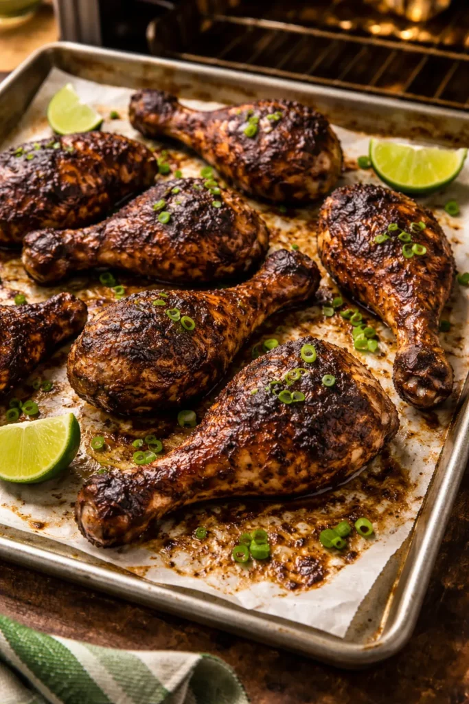 Oven-baked jerk chicken legs on parchment-lined tray