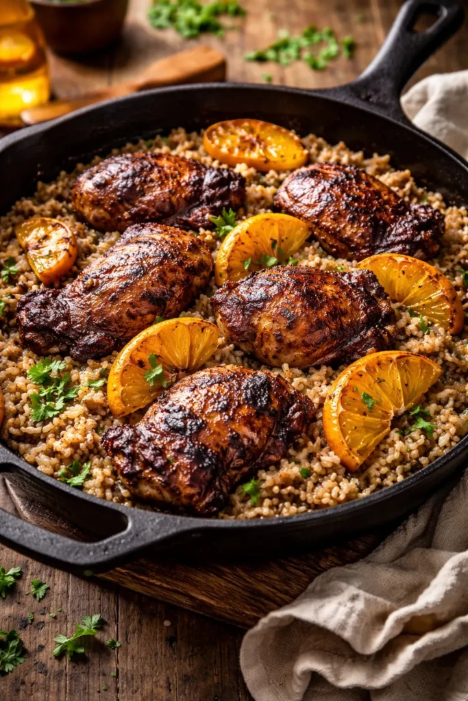 Cast-iron skillet with jerk chicken, brown rice and caramelized orange slices