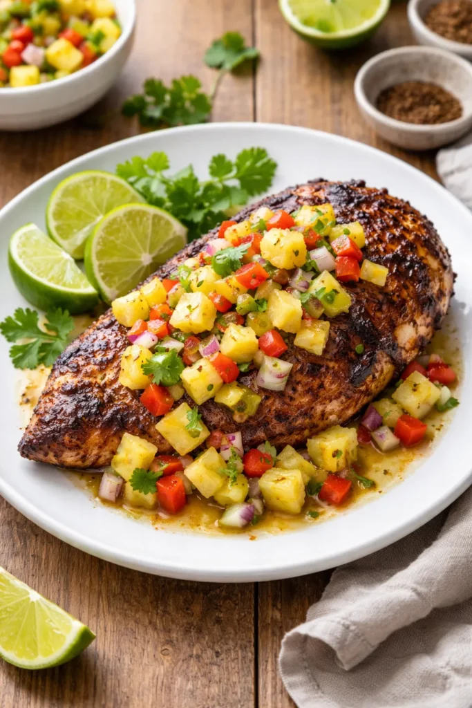 Jerk chicken with pineapple salsa on plate
