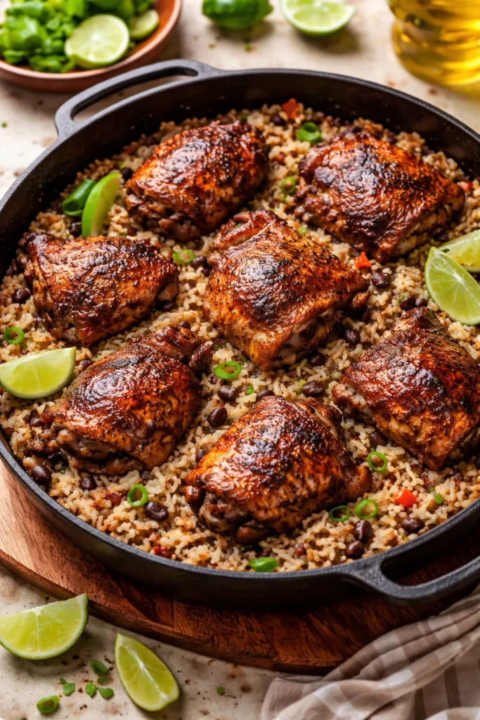 Cast-iron skillet with jerk chicken on coconut rice