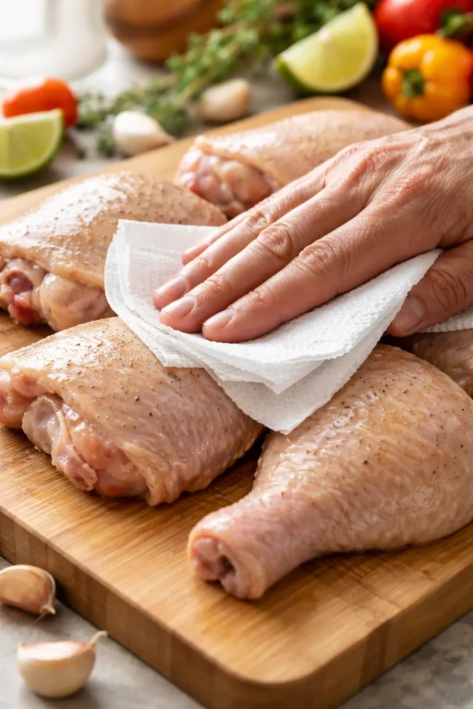 Hand patting dry raw chicken on cutting board with paper towels